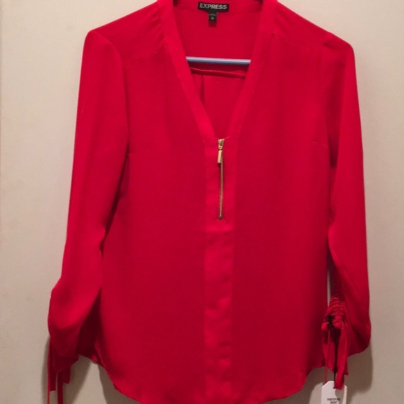 RED SILKY TOP W/GOLD 5” ZIPPER ADJ. SLEEVES,SLIM - Picture 1 of 3